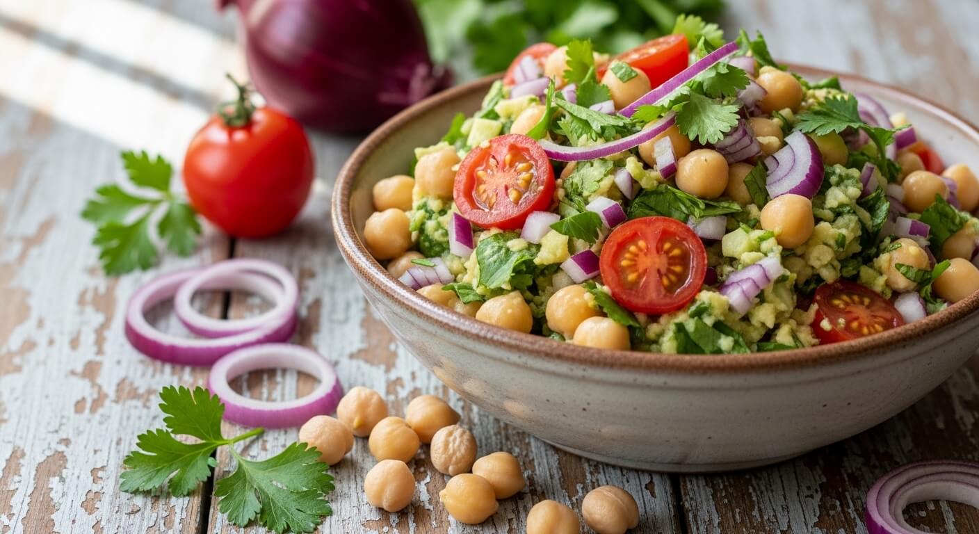 Chickpea salad with cherry tomatoes, red onion, and cilantro in a bowl on a rustic wooden table.