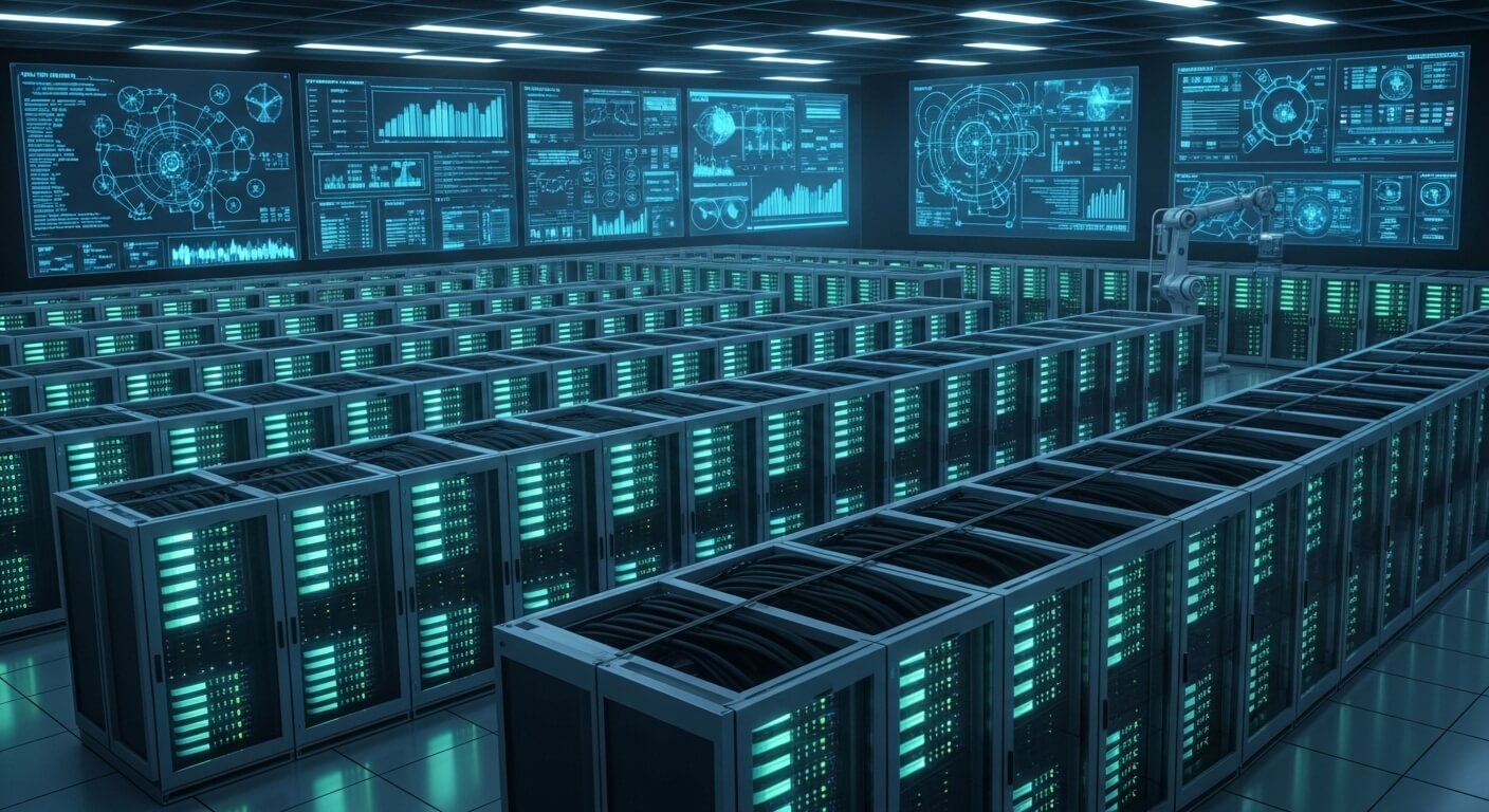 Data center server racks with glowing lights and multiple digital data analysis screens on the walls.