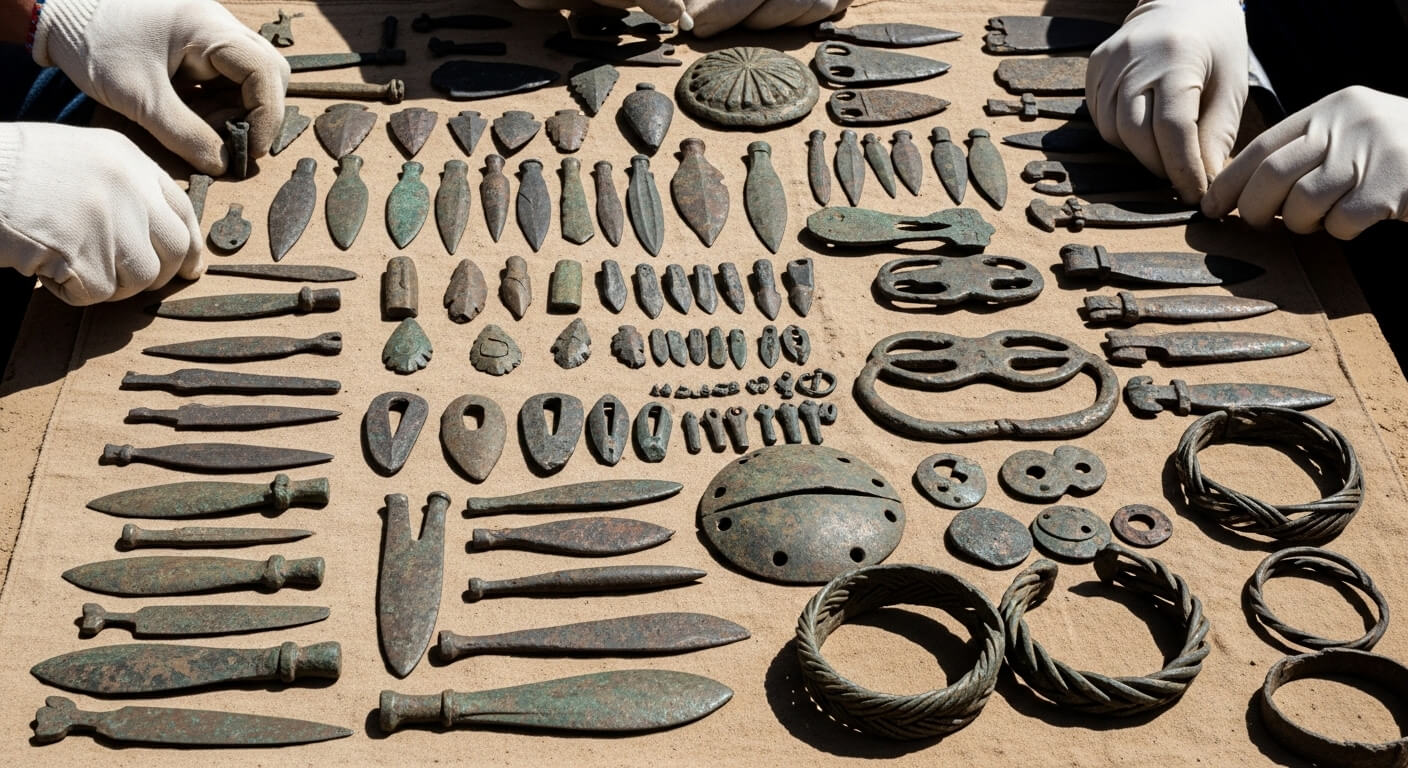 Hands wearing white gloves arranging ancient bronze artifacts including knives, arrowheads, and bracelets on a cloth.