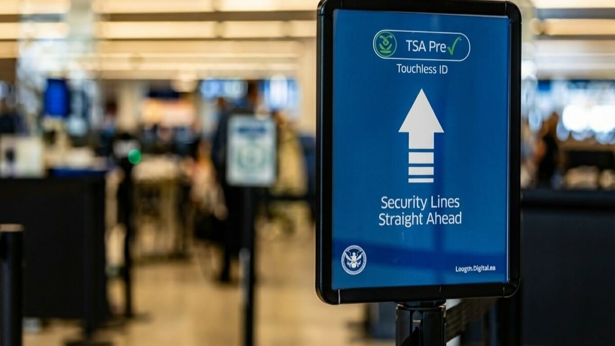 TSA PreCheck sign indicating touchless ID and security lines straight ahead at airport security checkpoint.