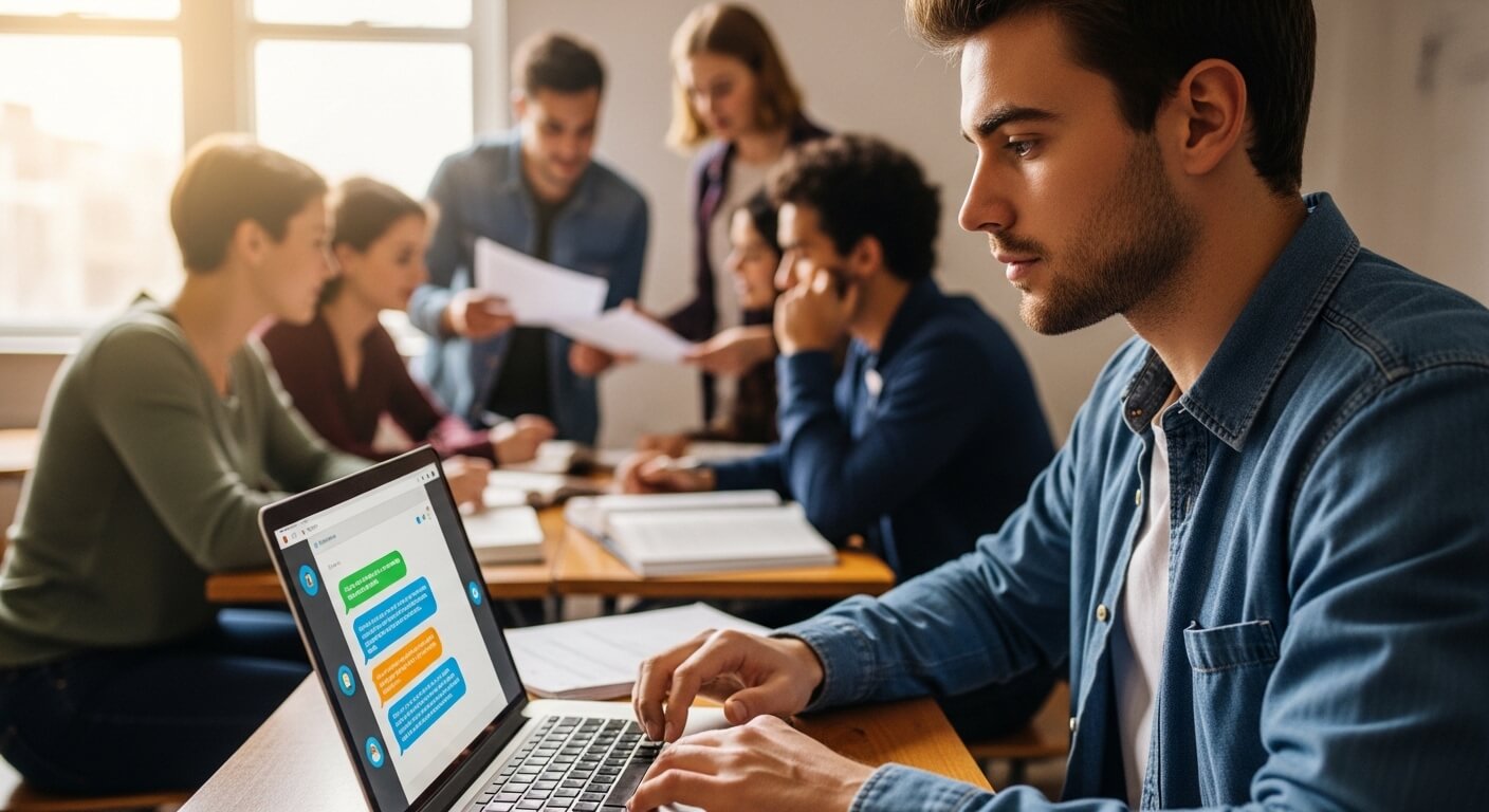Young man in denim shirt typing on laptop with group of students collaborating in background