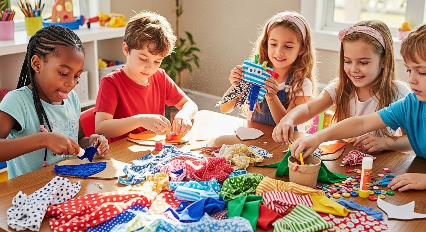 Five children crafting with colorful fabric pieces, glue sticks, and buttons at a table in a bright room.