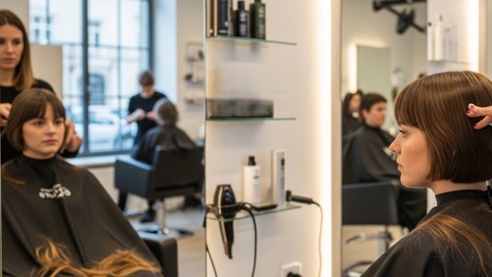 Woman with short brown hair getting a haircut in a modern salon with stylists and mirrors visible.