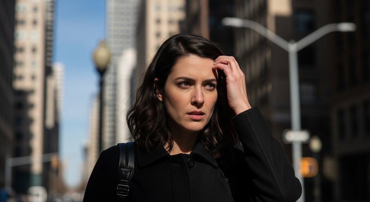 Woman with dark hair wearing a black coat and backpack standing on a city street in daylight