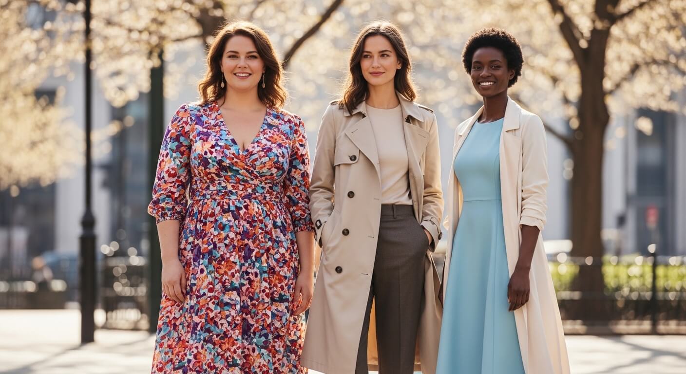 Three women standing outdoors in spring, wearing a colorful floral dress, beige trench coat with pants, and light blue dress with cream coat.