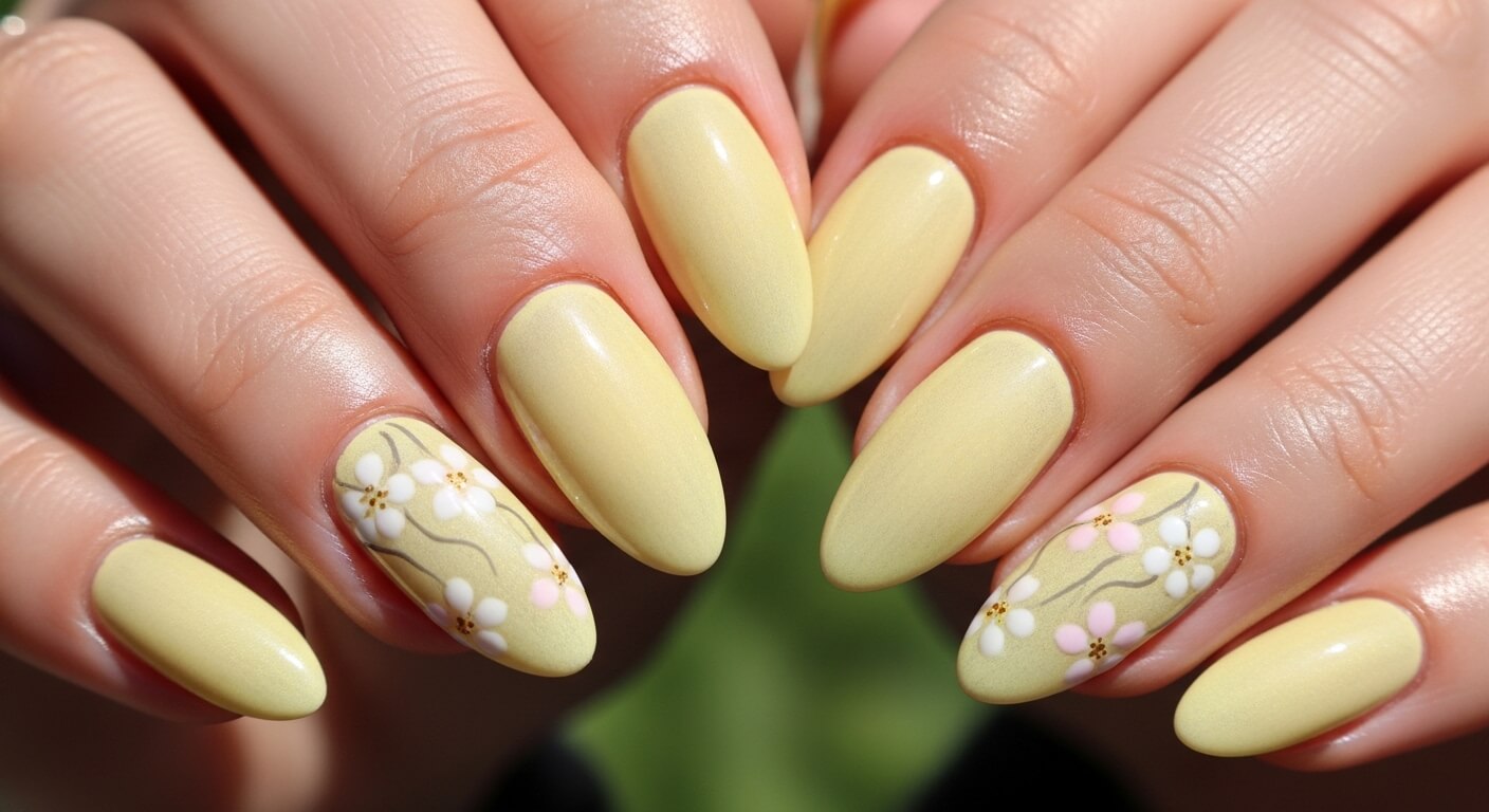 Yellow almond-shaped nails with white and pink floral nail art on ring fingers