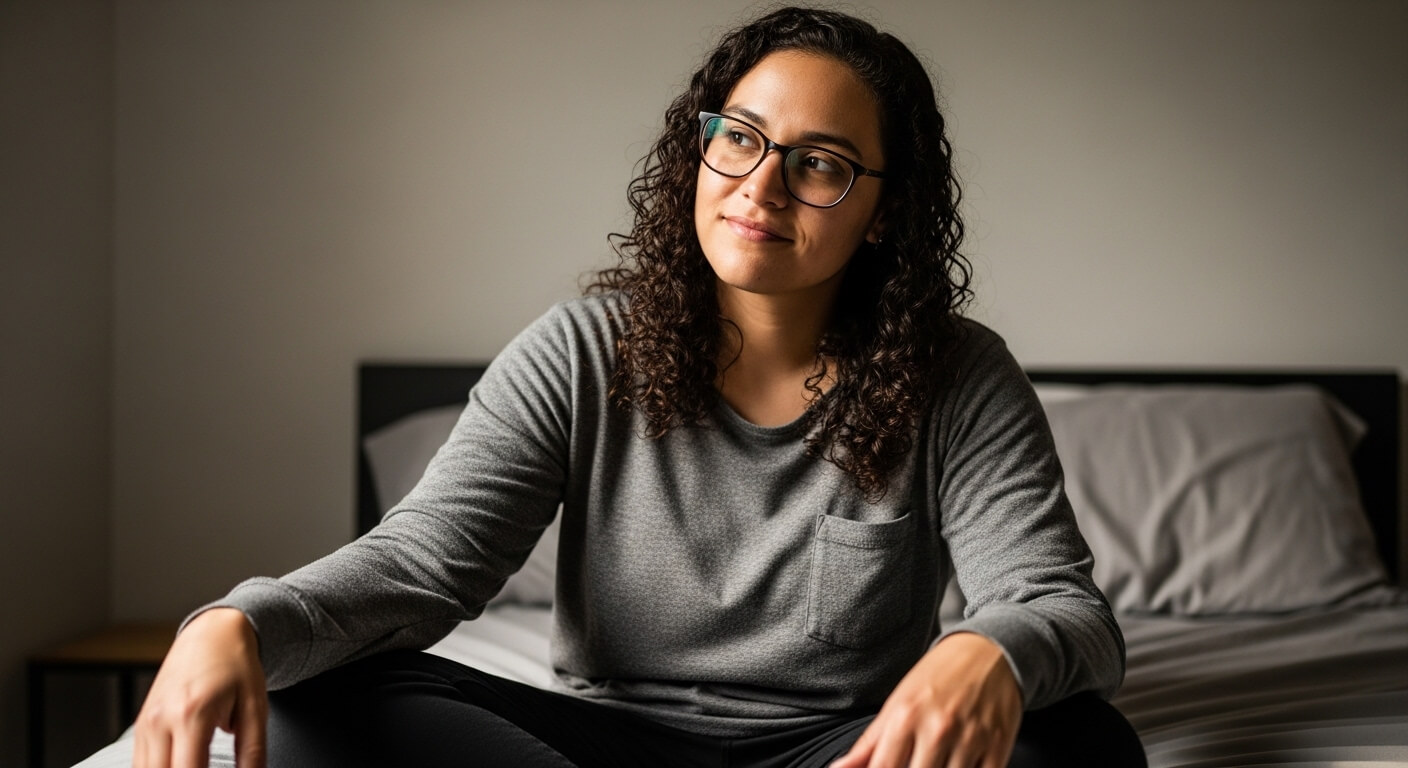 Young woman with curly hair and glasses sitting on a bed wearing a gray long-sleeve shirt and black pants