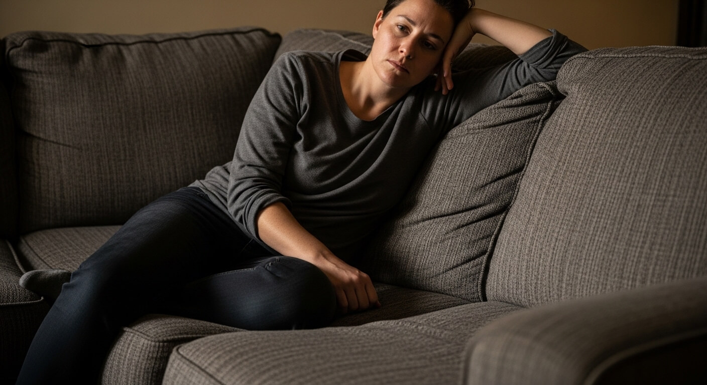 Woman in gray shirt and black pants sitting on a gray couch looking thoughtful and resting her head on her hand