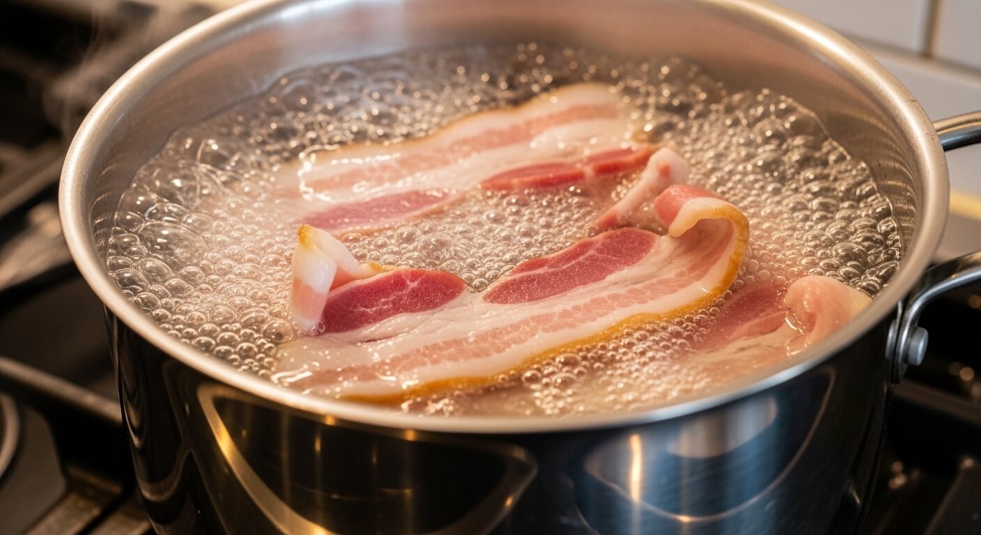 Raw bacon strips boiling in a pot of water on a stove.
