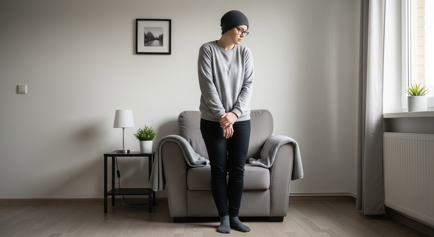 Person wearing a gray beanie and sweater standing barefoot in a minimalist living room with a gray armchair and side table.