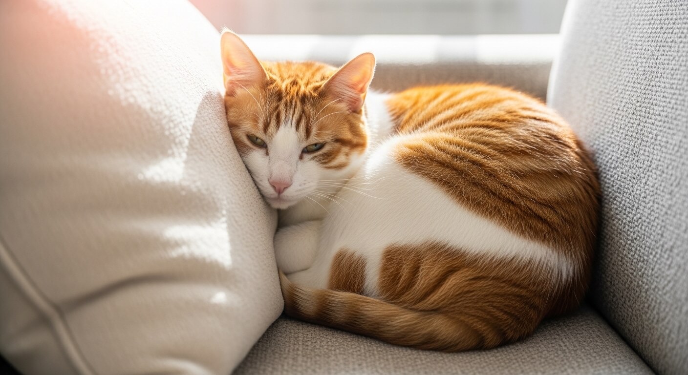 Orange and white cat curled up and resting between cushions on a gray sofa with sunlight.