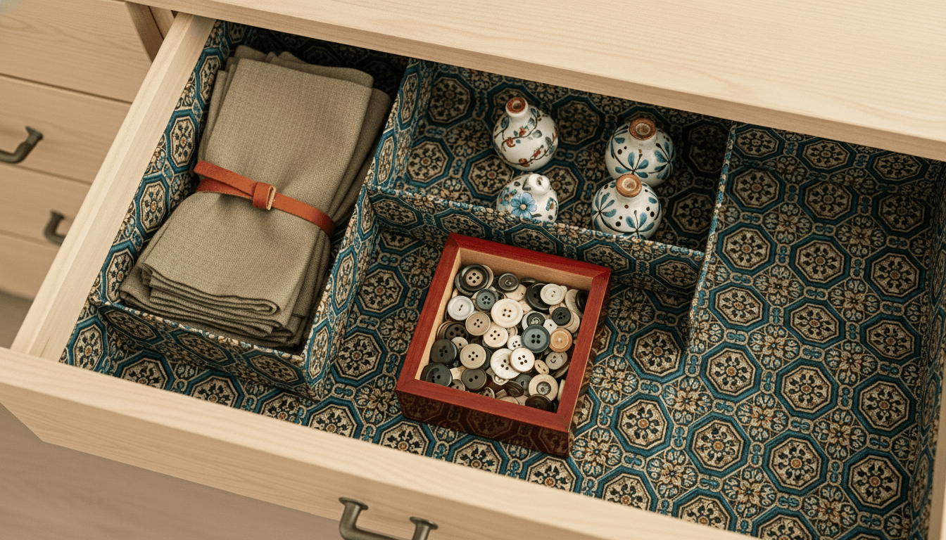 Open drawer with patterned organizer holding folded fabric, ceramic vases, and a box of assorted buttons