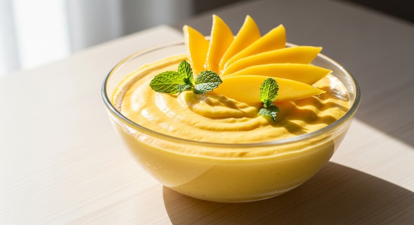 Glass bowl of mango mousse garnished with mango slices and fresh mint leaves on a light wooden surface