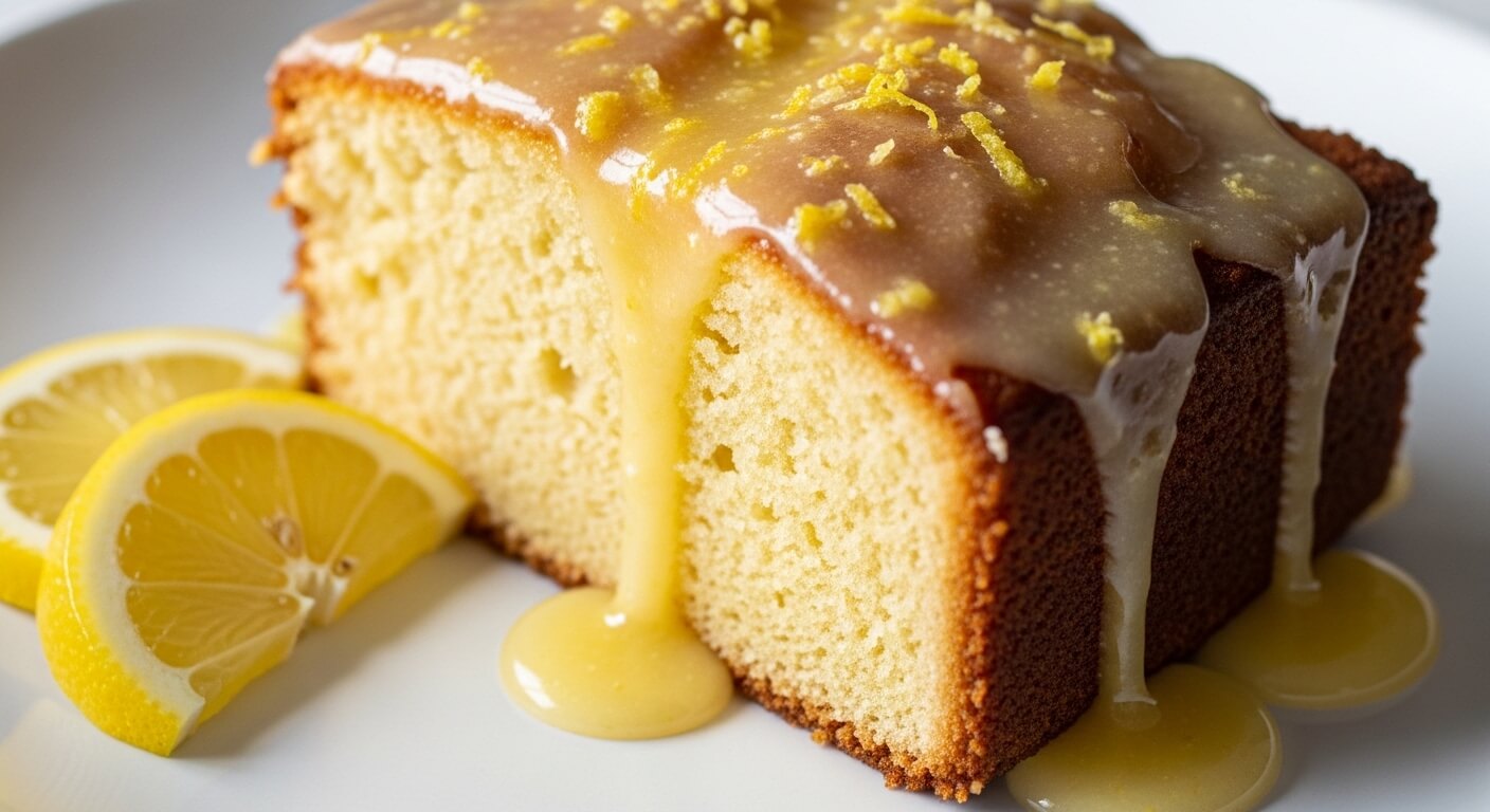Slice of lemon drizzle cake with glaze and lemon zest on a white plate with lemon wedges
