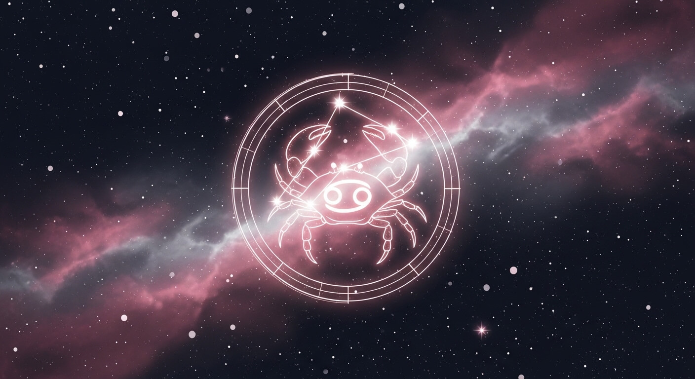 Cancer zodiac sign constellation glowing in a starry night sky with pink and purple nebula background