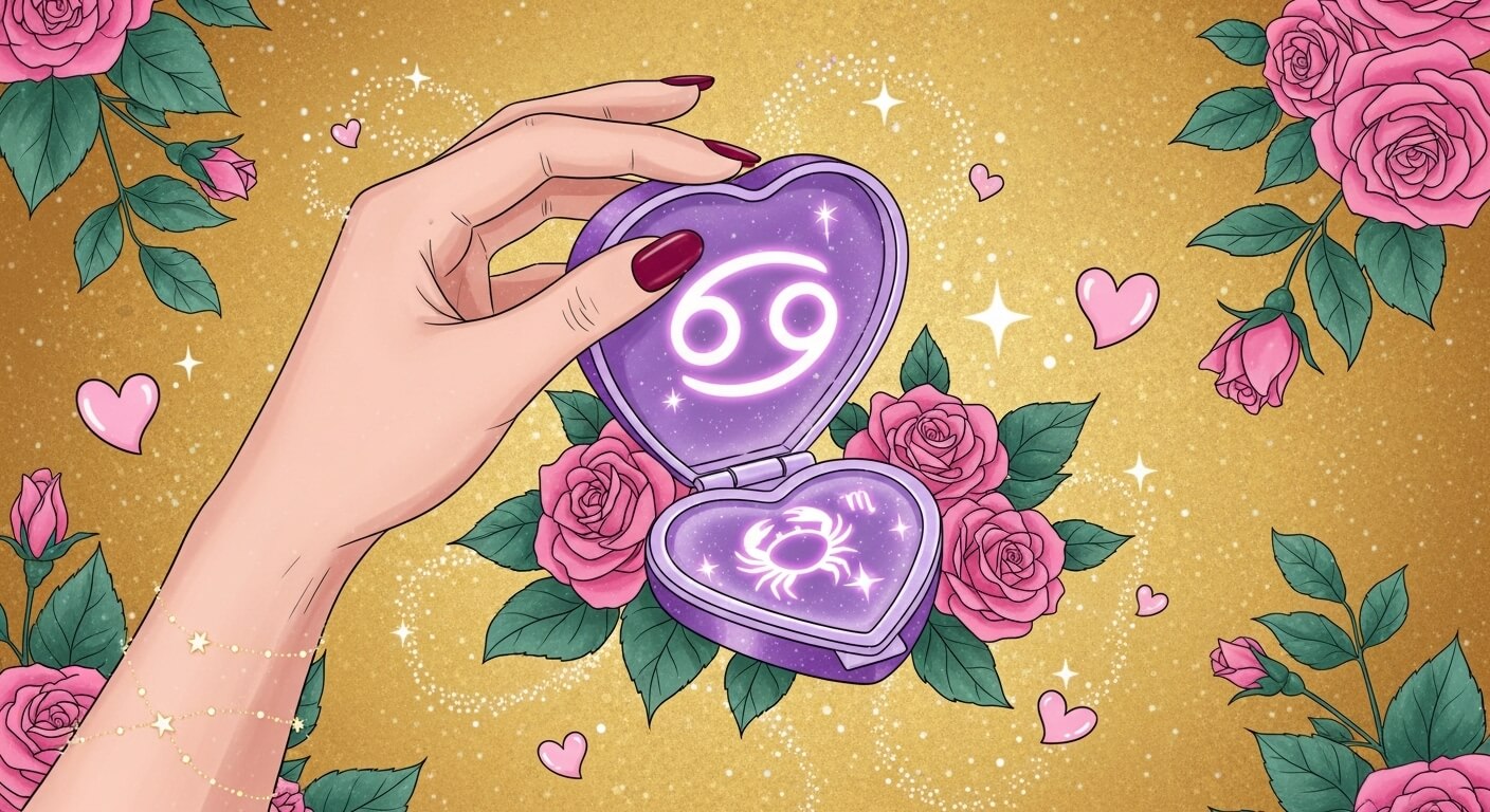 Hand with red nails holding a purple heart-shaped locket with Cancer zodiac symbols surrounded by pink roses and hearts