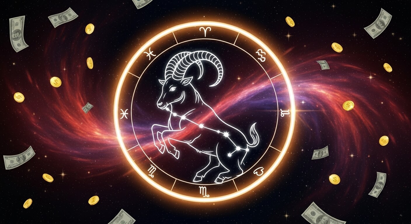Glowing Capricorn zodiac sign with constellation and astrological symbols surrounded by floating money and coins in space.