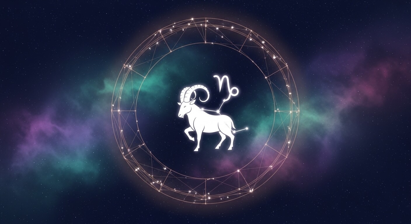 Capricorn zodiac sign symbol with a ram and constellation in a starry cosmic background.