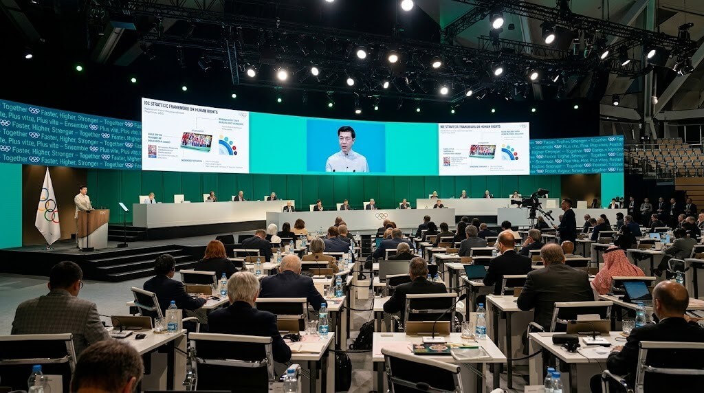 Conference room with attendees listening to a speaker presenting the IOC Strategic Framework on Human Rights