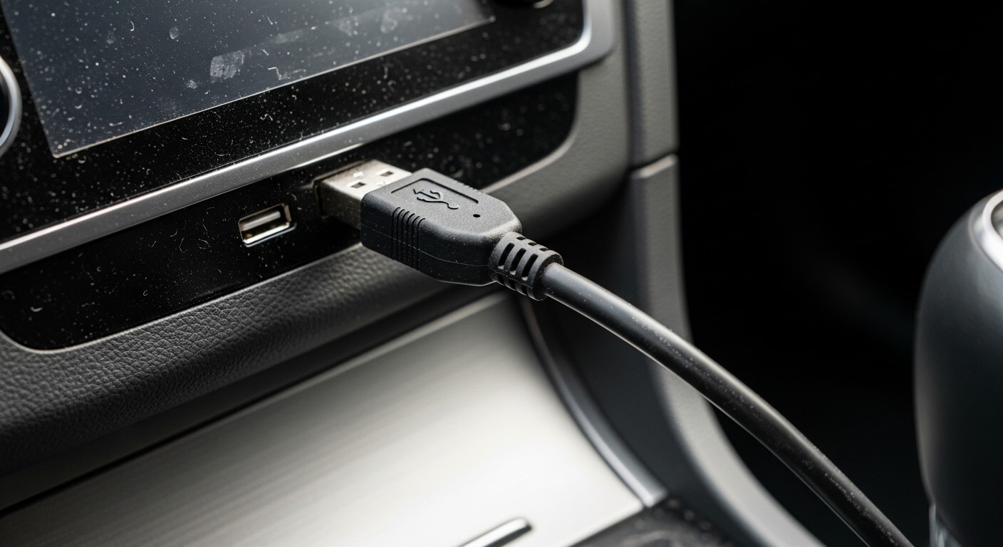 USB cable plugged into a car dashboard USB port near the gear shift.