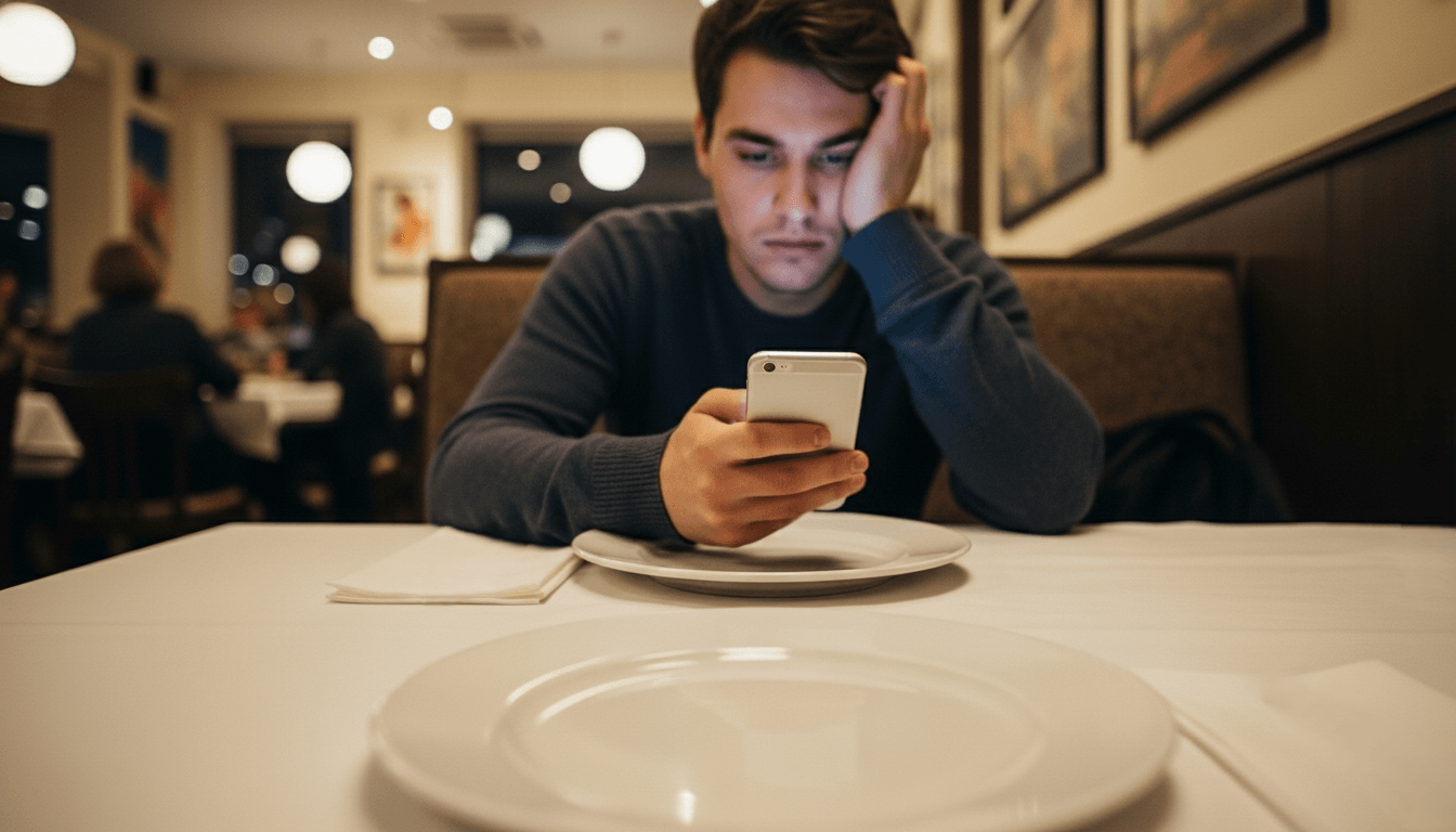Young man in a restaurant looking at his smartphone with empty plates in front of him