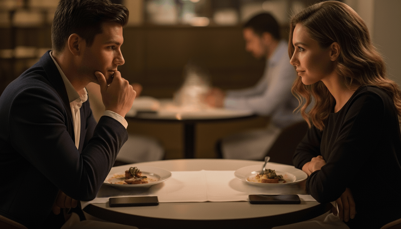 Man and woman sitting across from each other at a restaurant table with plates of food and smartphones.