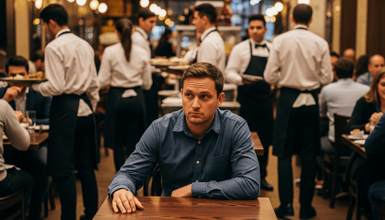 Man in blue shirt sitting alone at restaurant table with waiters and diners in the background