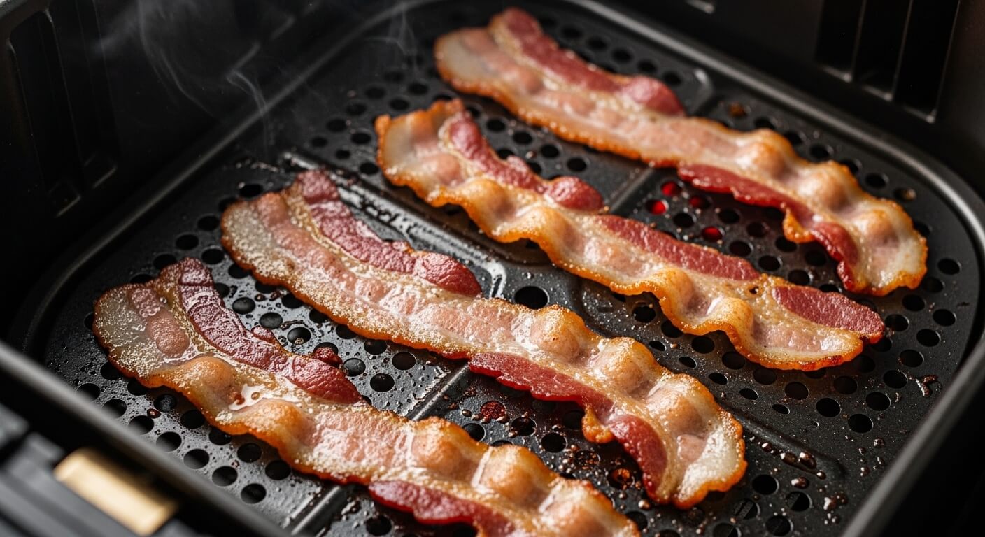 Four strips of crispy bacon cooking in an air fryer basket