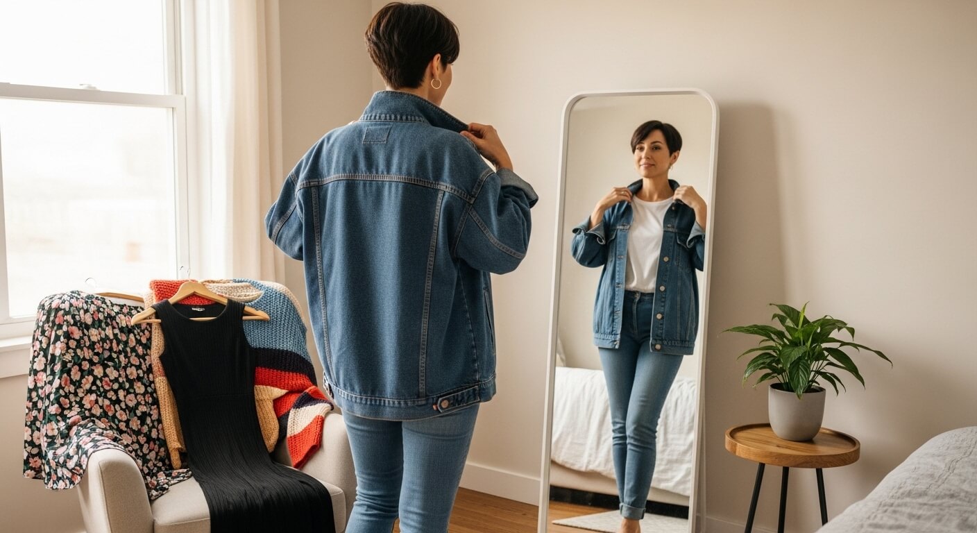 Woman wearing denim jacket and jeans looking at herself in a full-length mirror in a bedroom