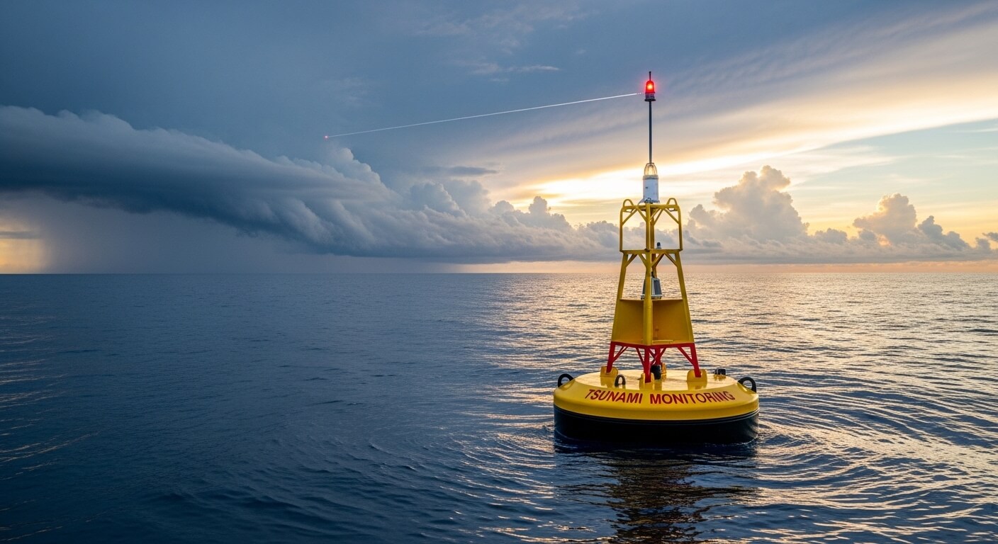 Yellow tsunami monitoring buoy floating on calm ocean water at sunset with dramatic cloud formation in the background