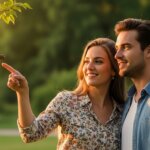 Couple smiling and pointing at a small bird perched on a tree branch in a park at sunset