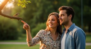 Couple smiling and pointing at a small bird perched on a tree branch in a park at sunset