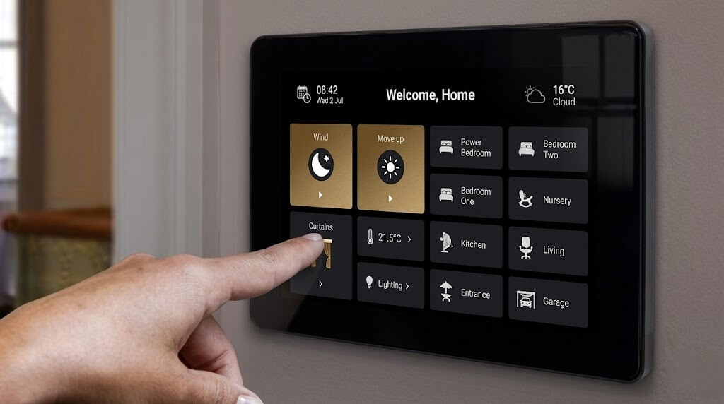 Finger touching smart home control panel showing options for curtains, lighting, temperature, and rooms.