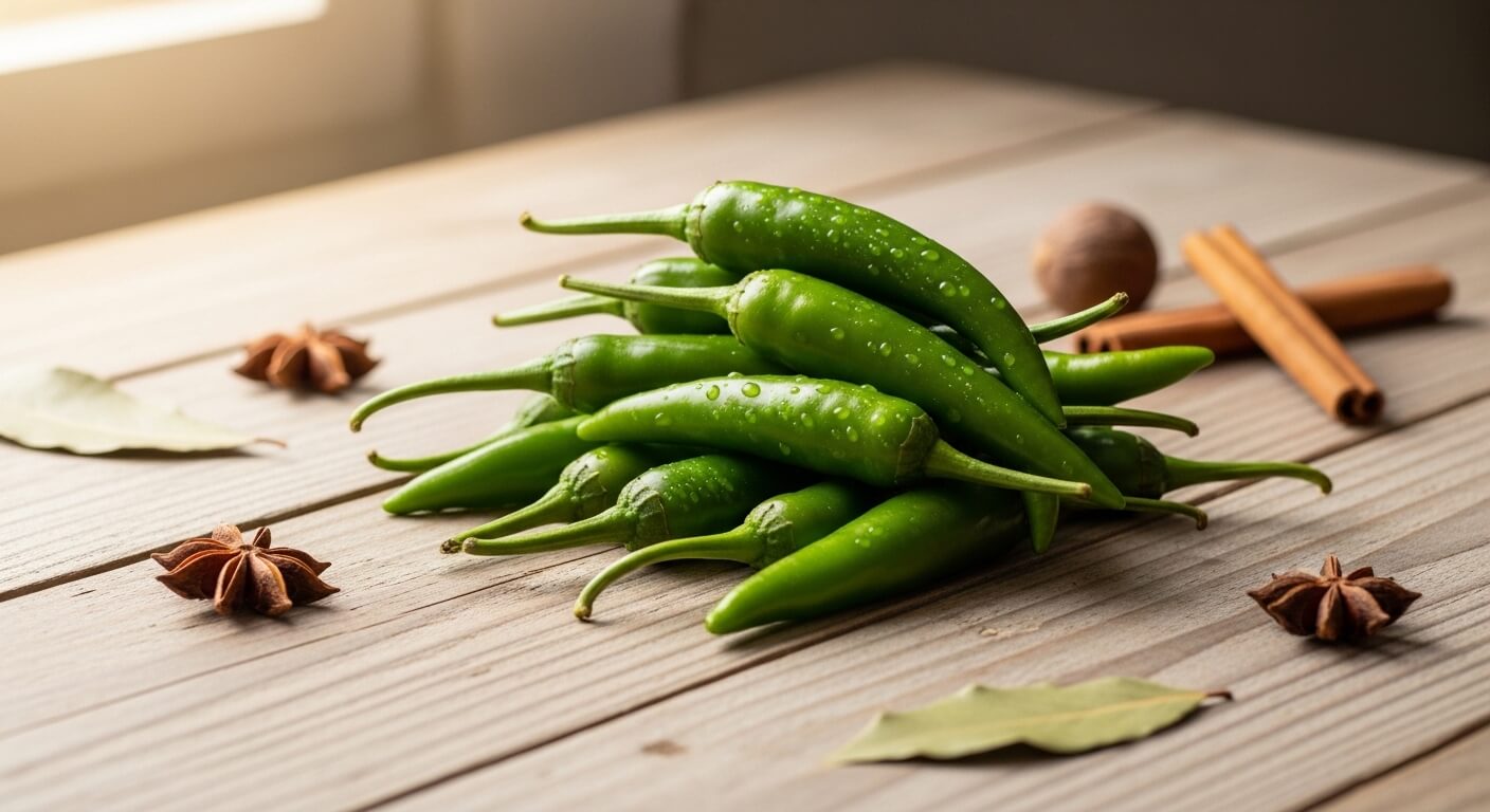 Pile of fresh green chili peppers with star anise, bay leaves, cinnamon sticks, and nutmeg on a wooden surface