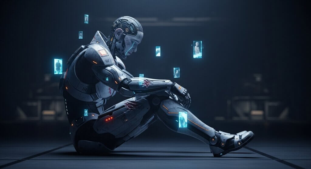 Seated humanoid robot with visible damage and floating holographic images in a dark futuristic setting.
