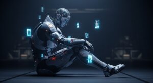Seated humanoid robot with visible damage and floating holographic images in a dark futuristic setting.