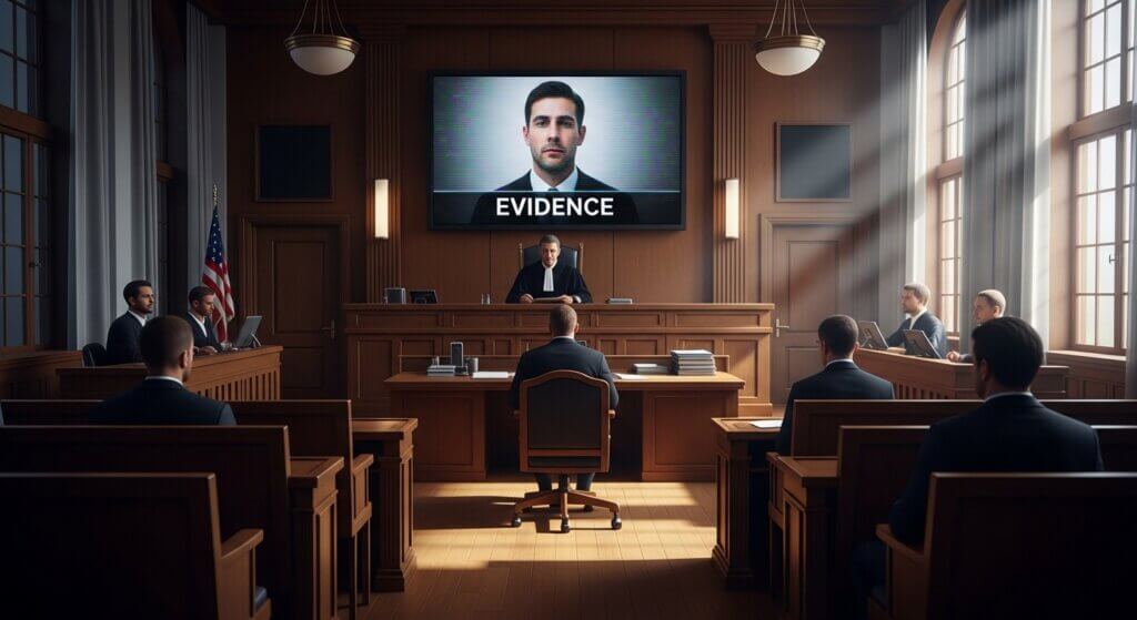 Judge presiding over courtroom with defendant and lawyers, large screen displaying man's photo labeled "EVIDENCE" above judge.