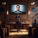Judge presiding over courtroom with defendant and lawyers, large screen displaying man's photo labeled "EVIDENCE" above judge.