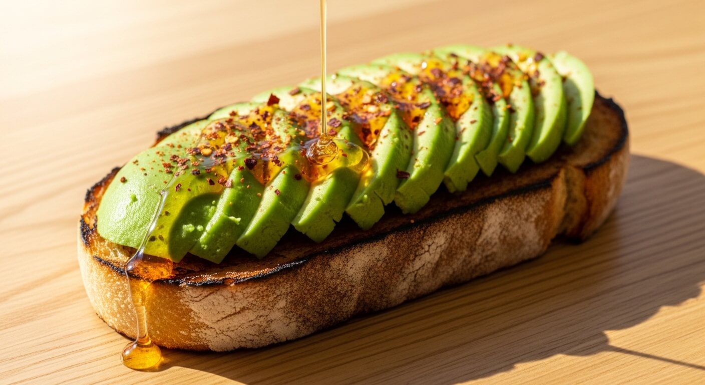 Honey being drizzled over sliced avocado with chili flakes on toasted bread on a wooden surface