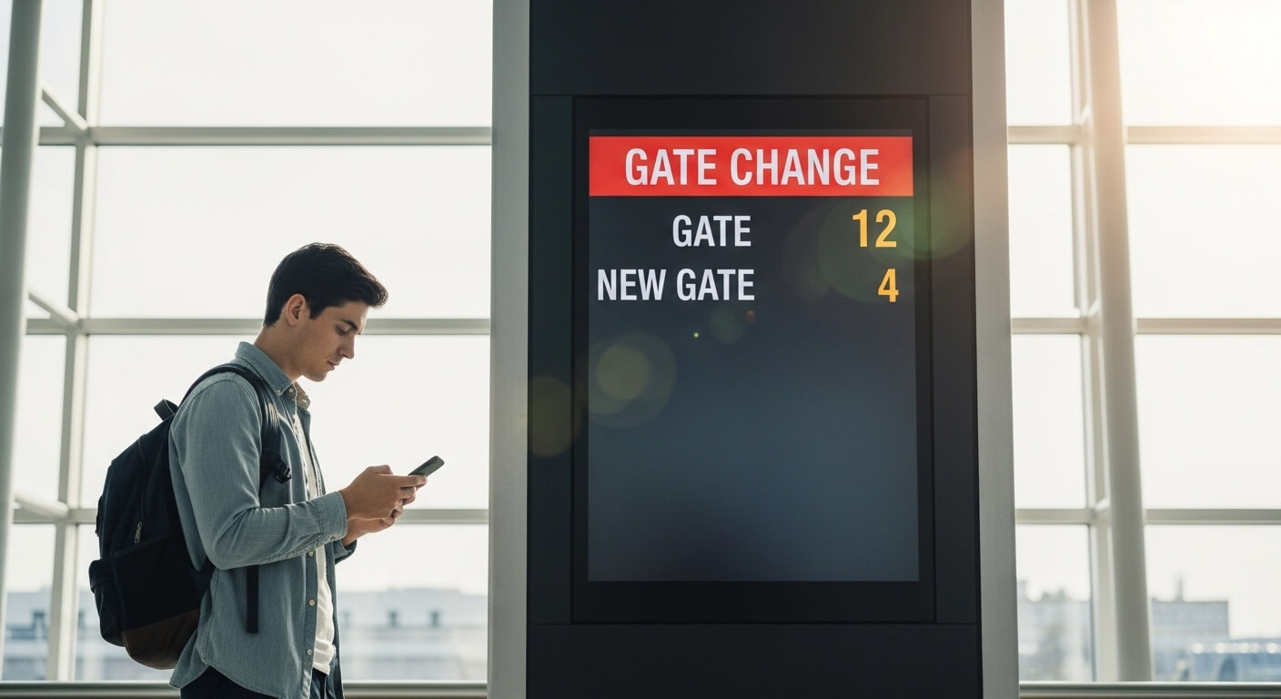 Young man with backpack checking phone near airport gate change sign showing gate 12 changed to gate 4