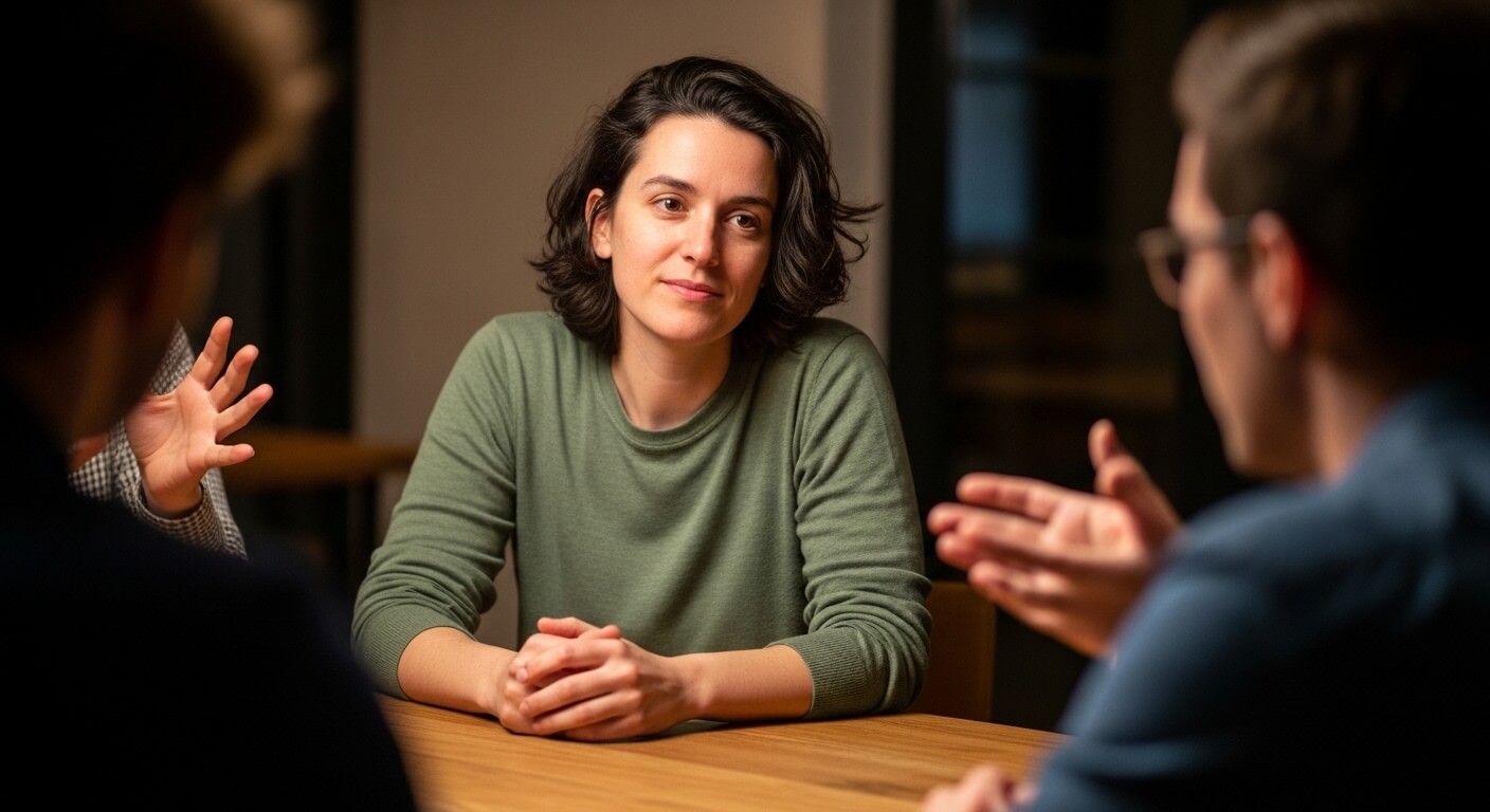 Woman in green sweater listening attentively during a group discussion at a wooden table.