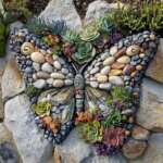 Butterfly-shaped garden art made from colorful stones and succulents on a rock background.
