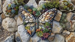 Butterfly-shaped garden art made from colorful stones and succulents on a rock background.