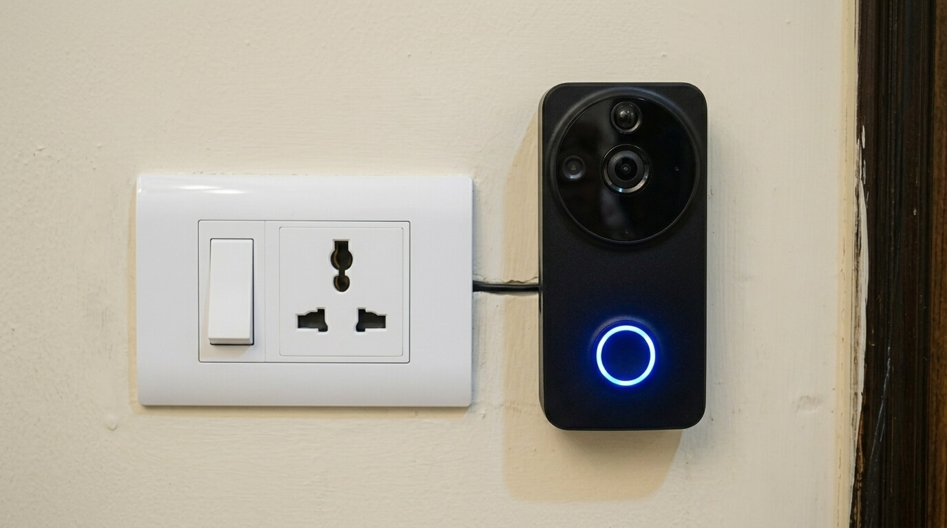 Black smart video doorbell with blue ring light installed next to a white power outlet and switch on a beige wall