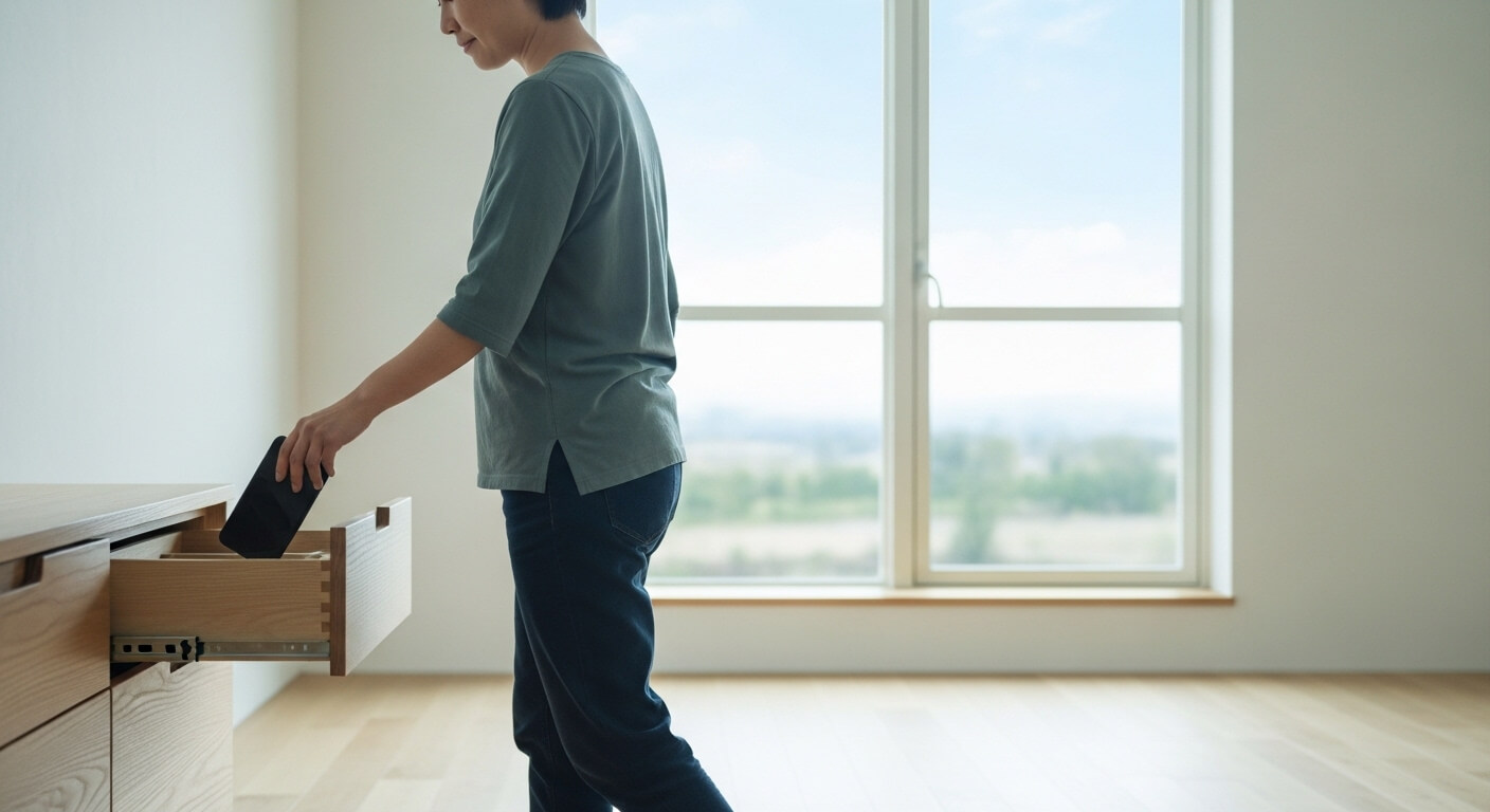 Person placing a black smartphone into an open wooden drawer in a bright room with a large window.