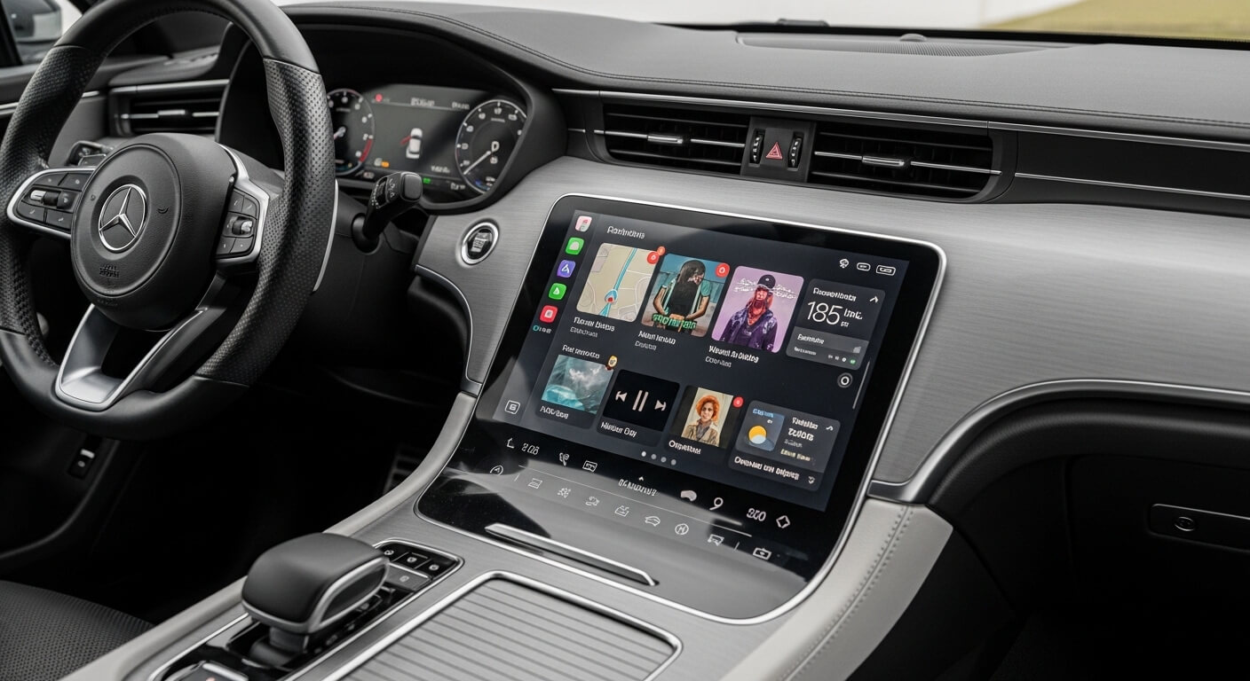 Mercedes-Benz car interior with digital dashboard and touchscreen infotainment system displaying navigation and media apps