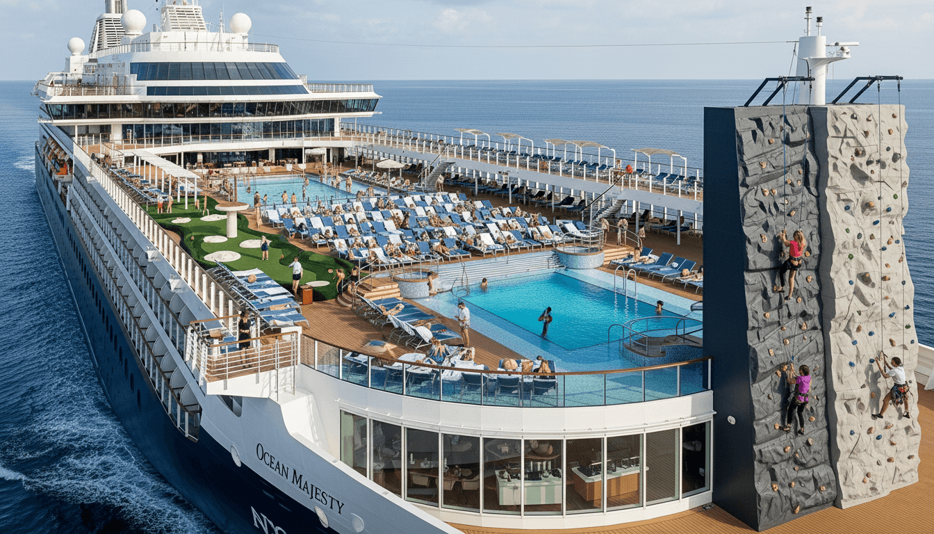 Ocean Majesty cruise ship deck with pools, sunbathers, mini golf, and people climbing a rock wall at sea.