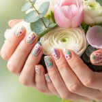 Hands with floral nail art holding a bouquet of pink tulip, white ranunculus, and eucalyptus leaves