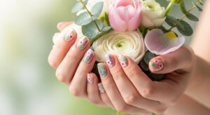Hands with floral nail art holding a bouquet of pink tulip, white ranunculus, and eucalyptus leaves
