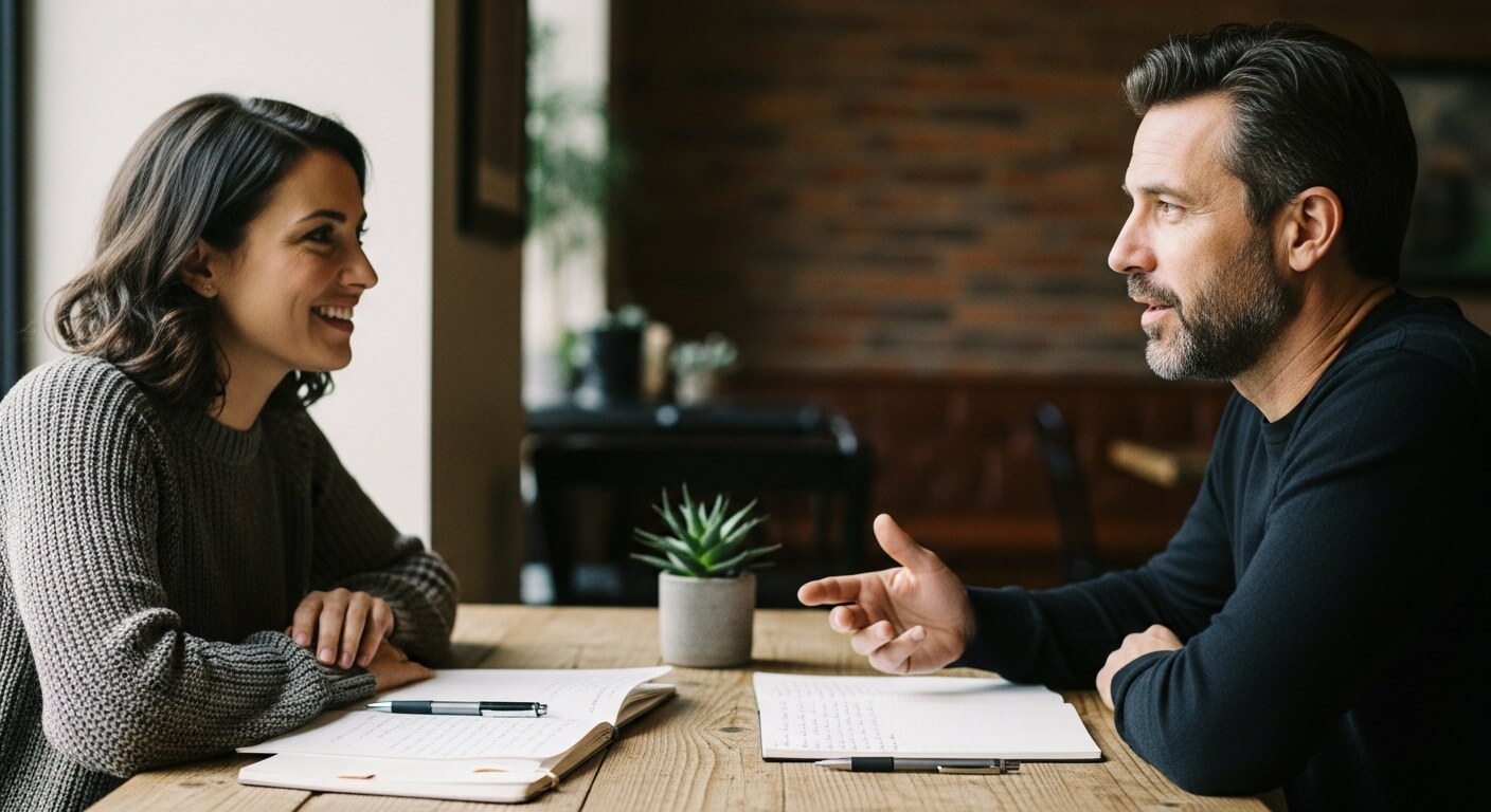 Man and woman having a discussion at a wooden table with notebooks and pens in a cozy indoor setting